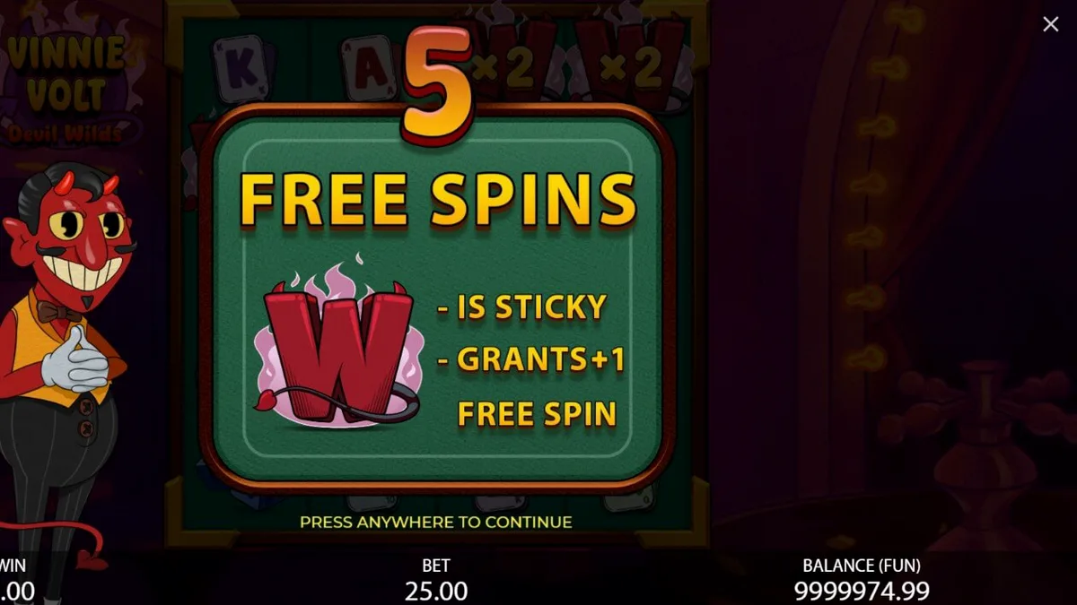 Vinnie Volt: Devil Wilds slot game interface na may cartoon devil theme