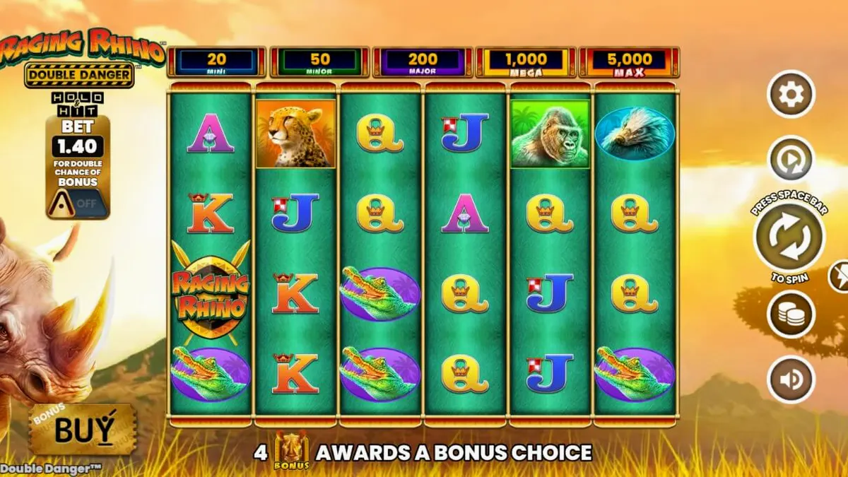 Raging Rhino Double Danger slot machine interface sa isang African savannah setting